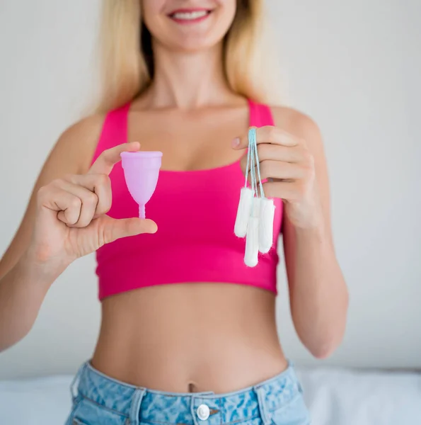 Young Woman Holding Her Hands Menstrual Cup Tampons — Stok fotoğraf