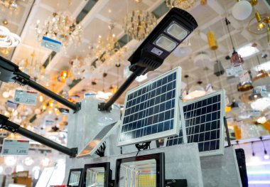 Solar-powered street lamp at the showroom of a large store.
