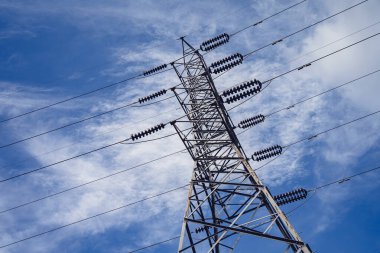 Structure pattern view of high voltage pole power transmission tower.
