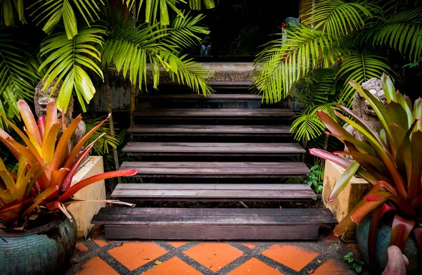 花园里古老的土木楼梯 — 图库照片