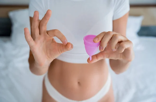 Young Beautiful Woman Home Holding Menstrual Cup Her Hands — Stok fotoğraf