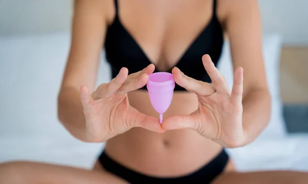 Young Beautiful Woman Home Holding Menstrual Cup Her Hands —  Fotos de Stock