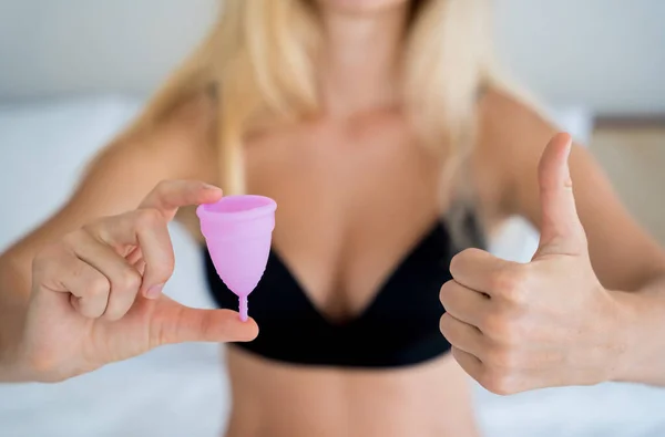 Young Beautiful Woman Home Holding Menstrual Cup Her Hands — Stockfoto