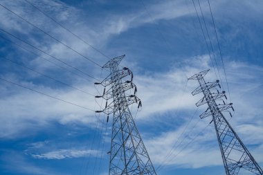 Structure pattern view of high voltage pole power transmission tower.