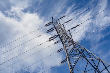Structure pattern view of high voltage pole power transmission tower.
