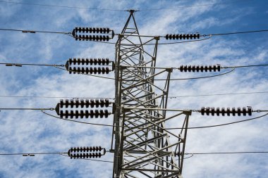 Structure pattern view of high voltage pole power transmission tower.