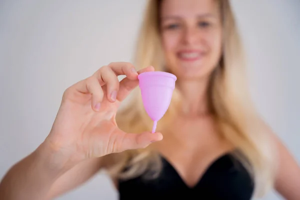 Young Beautiful Woman Home Holding Menstrual Cup Her Hands — Stockfoto