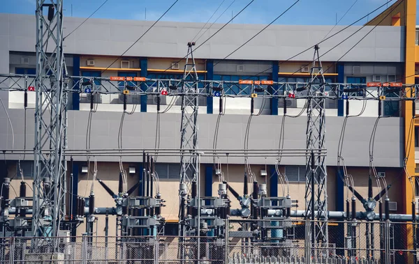 Subestação Distribuição Corrente Central Eléctrica Alta Tensão — Fotografia de Stock