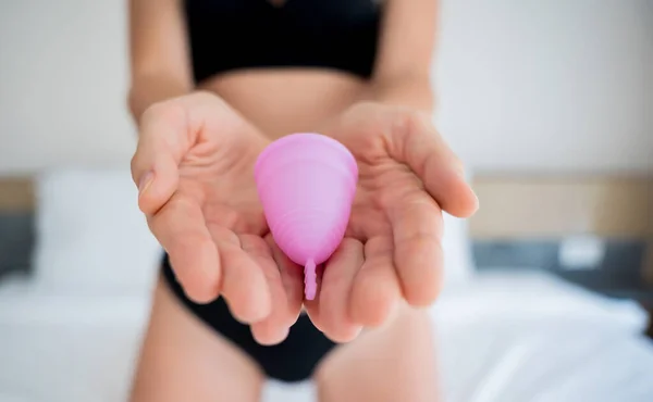 Young Beautiful Woman Home Holding Menstrual Cup Her Hands — Stock Fotó
