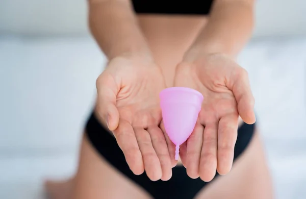 Young Beautiful Woman Home Holding Menstrual Cup Her Hands — Foto de Stock