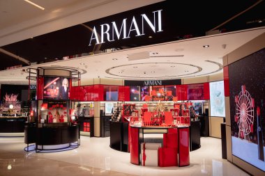 KUALA LUMPUR, MALAYSIA - DECEMBER 04, 2022: Armani brand retail shop logo signboard on the storefront in the shopping mall.