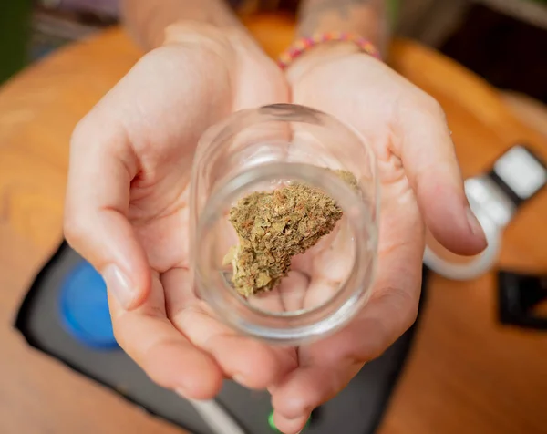 Hippie Γυναίκα Στυλ Εξετάζει Αρθρώσεις Και Μπουμπούκια Της Ιατρικής Μαριχουάνας — Φωτογραφία Αρχείου