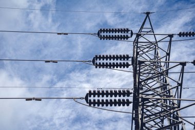 Structure pattern view of high voltage pole power transmission tower.