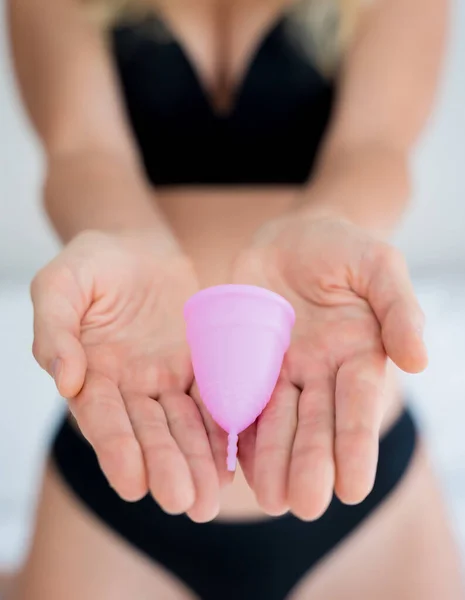 Young Beautiful Woman Home Holding Menstrual Cup Her Hands — 图库照片