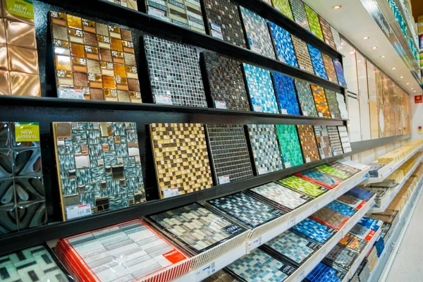 Colorful samples of a ceramic tile at the showroom of a large store