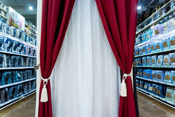 Displayed Colorful Curtain Samples Showroom Large Store — Stock Photo, Image