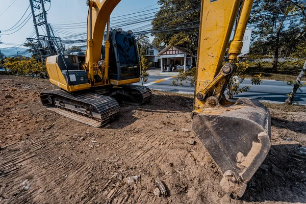 Excavator Shovel Digs Ground Foundation Constuction Area — Stock Photo, Image