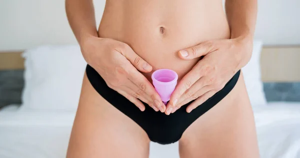 Young Beautiful Woman Home Holding Menstrual Cup Her Hands — Stock Fotó