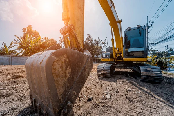 Excavator Shovel Digs Ground Foundation Constuction Area — Stock Photo, Image