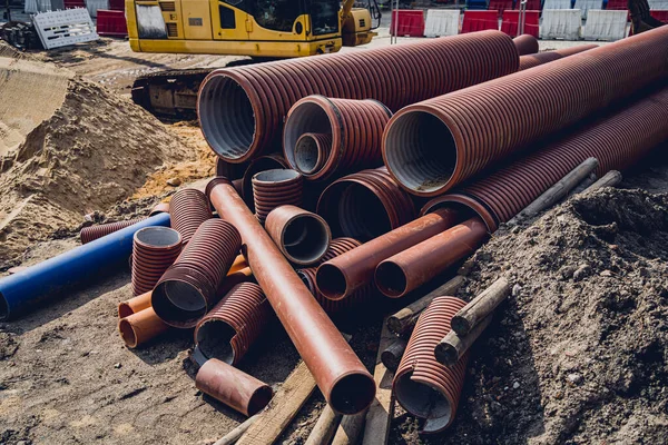 Grande Canteiro Obras Com Tubos Fios Área Construção — Fotografia de Stock