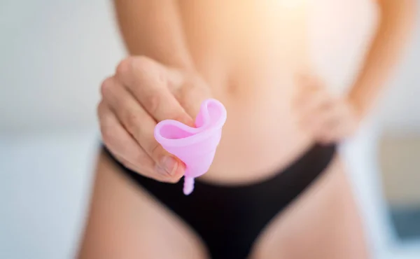 Young Beautiful Woman Home Holding Menstrual Cup Her Hands — Stock fotografie