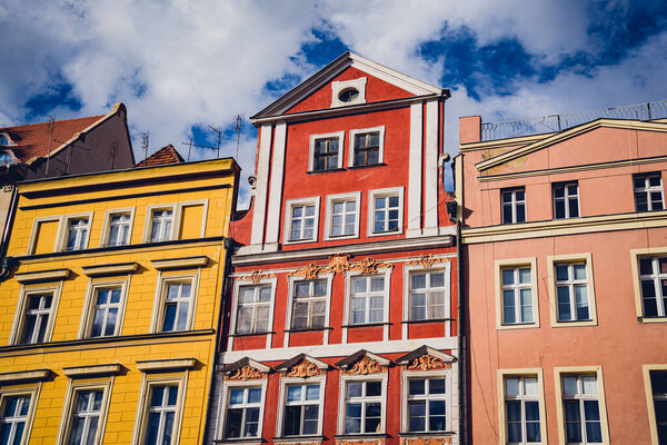 WROCLAW, POLAND - 15, April 2023: Exterior of historical houses and the streets at the Old Town in Wroclaw
