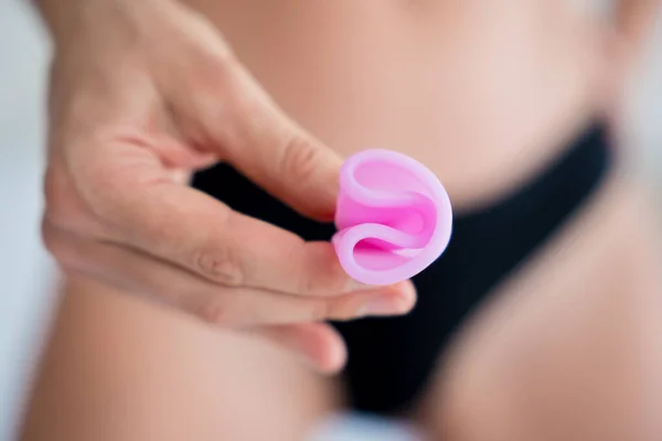 Young Beautiful Woman Home Holding Menstrual Cup Her Hands —  Fotos de Stock