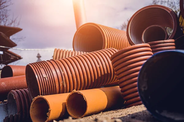 Big Construction Site Pipes Wires Construction Area — Stock Photo, Image