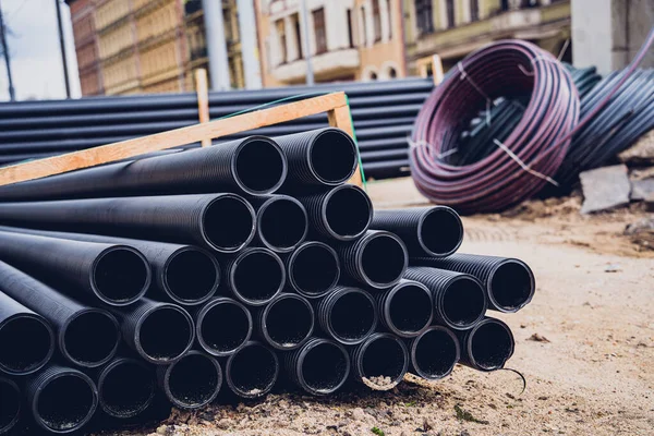 Big Construction Site Pipes Wires Construction Area — Stock Photo, Image