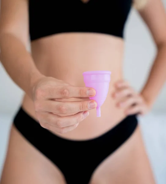 Young Beautiful Woman Home Holding Menstrual Cup Her Hands — Stock fotografie