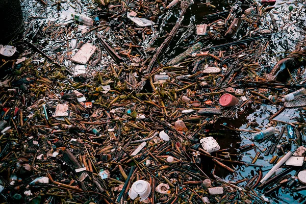 Waterweg Verstopt Met Plastic Vervuiling Ander Afval — Stockfoto