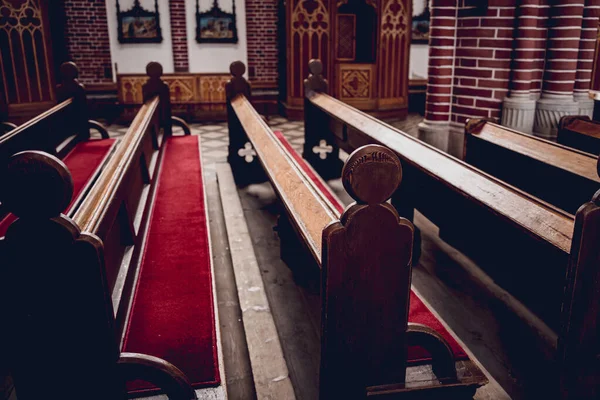 stock image Rows of church benches at the old european catholic church