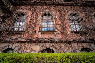 Klasik pencere ve kapıları olan eski bir Avrupa tarihi binasının cephesi.