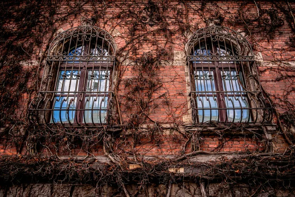 Facade Old European Historical Building Vintage Windows Doors — Stock Photo, Image