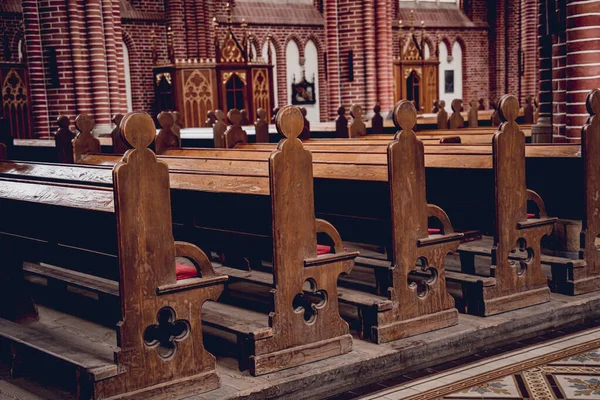Rangées Bancs Église Vieille Église Catholique Européenne — Photo