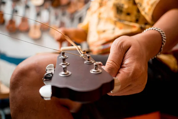 Young Musician Changing Strings Classical Guitar Guitar Shop — Stock Photo, Image