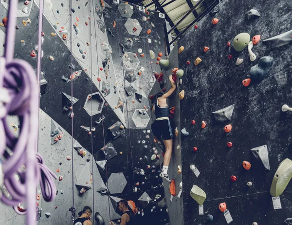 Silna Kobieta Sztucznej Ściance Wspinaczkowej Kolorowymi Uchwytami Linami — Zdjęcie stockowe