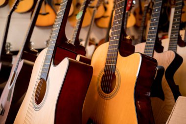 Müzik dükkanında bir sürü klasik gitar var..