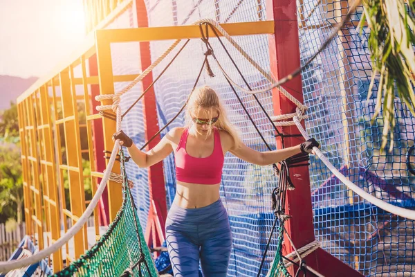 Athletic Young Woman Working Out Rope Training Camp — Stock Photo, Image