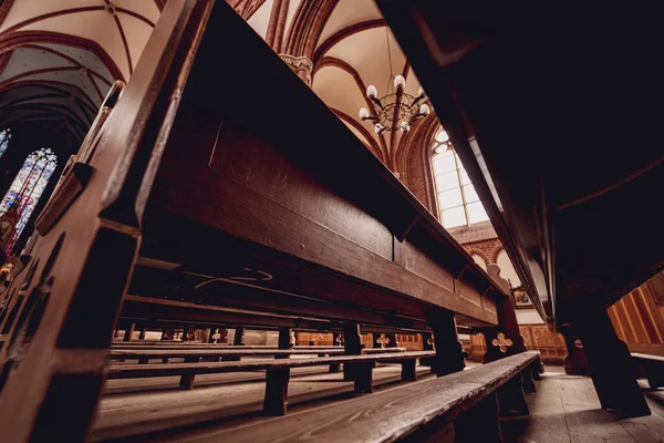 Rows Church Benches Old European Catholic Church — Stock Photo, Image