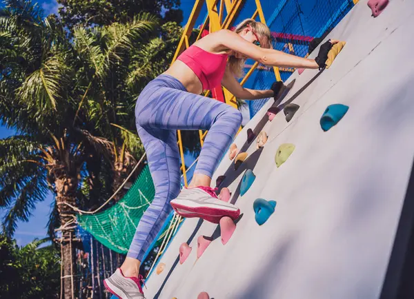 stock image Athletic young woman working out and climbing at the artificial rock in training camp