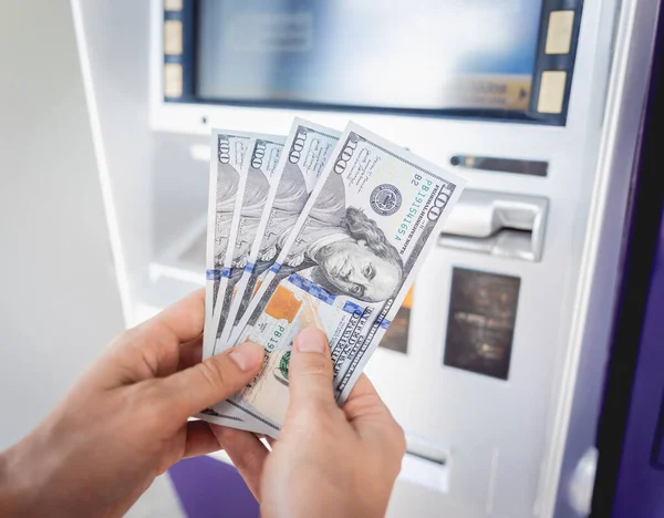 Young Woman Holding Money Her Hands Withdrawing Cash Atm — Stock Photo, Image