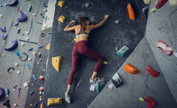強い女性のクライマーはカラフルなグリップとロープで人工的な壁を登ります — ストック写真