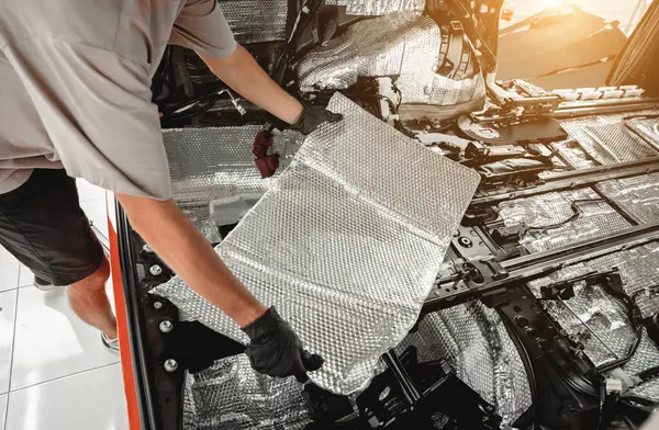 Tunning Service Worker Install Soundproofing Material Car Interior — Stock Photo, Image