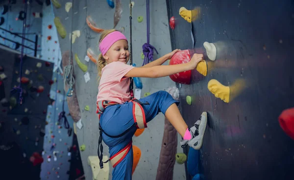Een Sterke Babyklimmer Beklimt Een Kunstmatige Muur Met Kleurrijke Handgrepen — Stockfoto