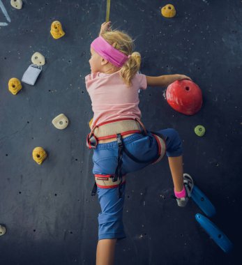 Güçlü bir bebek tırmanıcı renkli tutacakları ve ipleriyle yapay bir duvara tırmanır.