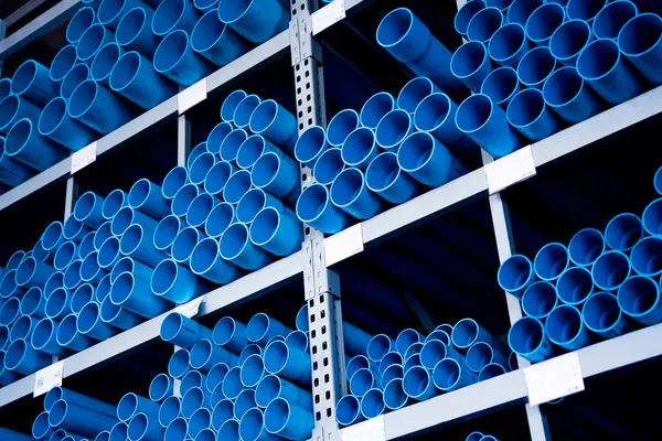 Tubos Plástico Azul Uma Pilha Grande Armazém Centro Comercial — Fotografia de Stock