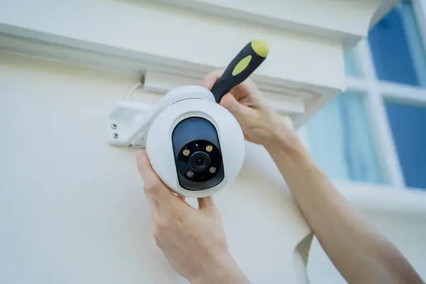A technician installs a CCTV camera on the facade of a residential building