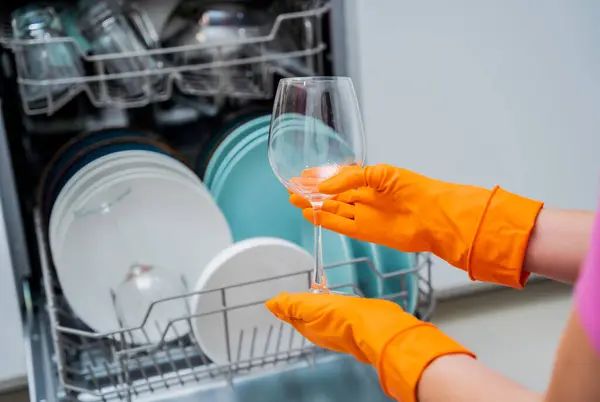 Young woman takes dishes out of the dishwasher machine.
