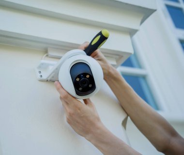 Bir teknisyen konut binasının ön cephesine kamera yerleştiriyor.